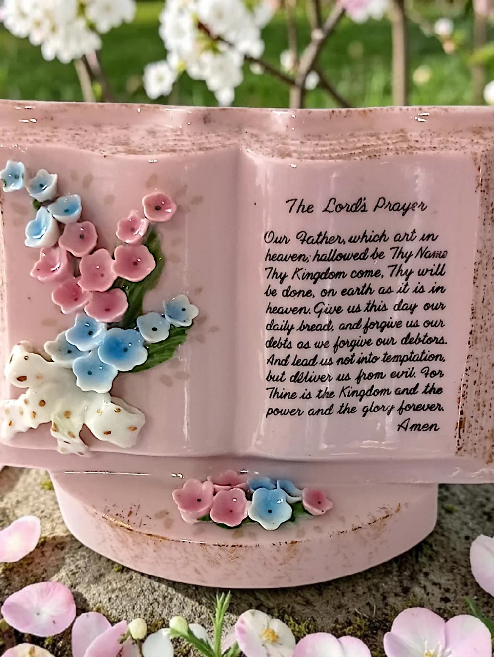 Norcrest Lords Prayer Planter Vase‎ Porcelain Hand Painted Pink Vtg Wall Pocket